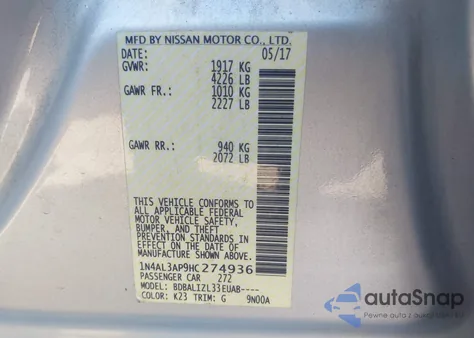 2017 Nissan Altima 2.5 Sv z USA, uszkodzony, nr VIN 1N4AL3AP9HC274936